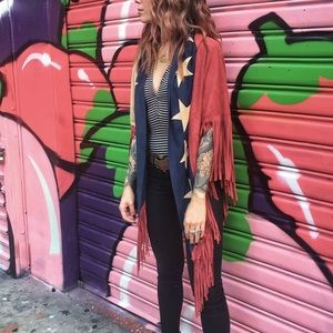 FREE PEOPLE FAUX SUEDE FRINGE PONCHO BORN FREE